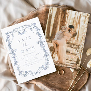 Viktorianische Blumendusty Blue Foto Französische Save The Date