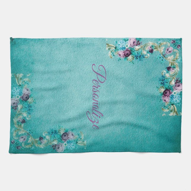Viktorianische blumengeschmückte Rose elegant aqua Geschirrtuch (Horizontal)