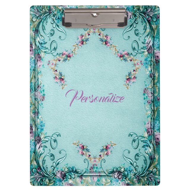 Viktorianische Blumenrolle elegant aquamarin lila Klemmbrett (Vorderseite)