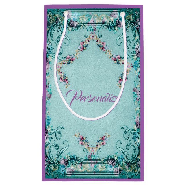 Viktorianische Blumenrolle Rose elegant aquamarin  Kleine Geschenktüte (Vorderseite)