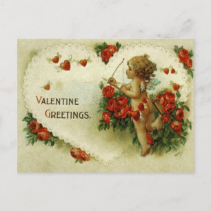 Viktorianische Cupid-Rosen und Herz-Valentinsgrußk Postkarte