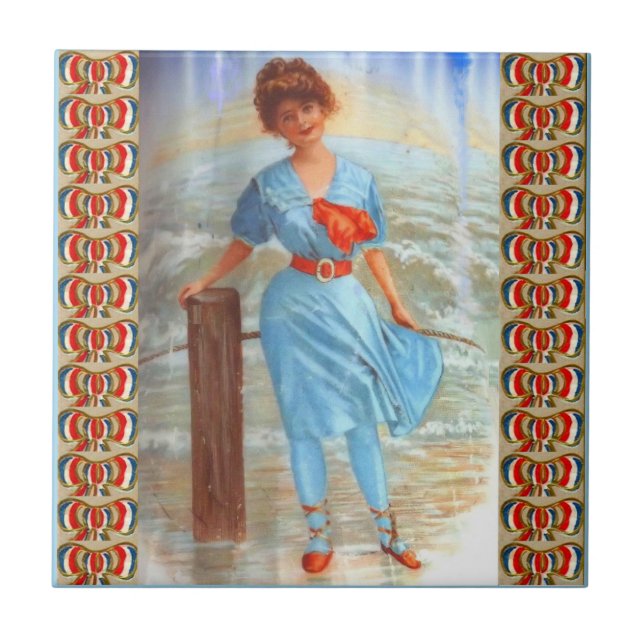 viktorianische Dame am Strand aus den 1890er Jahre Fliese (Vorderseite)