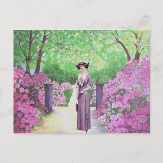 Viktorianische Dame in einem Rhododendron-Garten. Postkarte