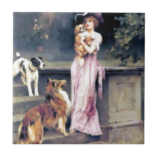 Viktorianische Dame mit Hundehaustieren Fliese