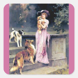 Viktorianische Dame mit Hundekatzen Quadratischer Aufkleber