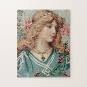 Viktorianische Dame mit rosa Blumen im Haar