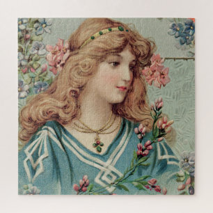 Viktorianische Dame mit rosa Blumen im Haar