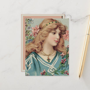Viktorianische Dame mit rosa und blauen Blumen im  Postkarte