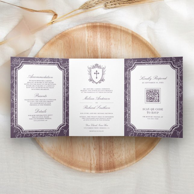 Viktorianische dusty Lila-katholische QR-Hochzeit Dreifach Gefaltete Einladung (Von Creator hochgeladen)