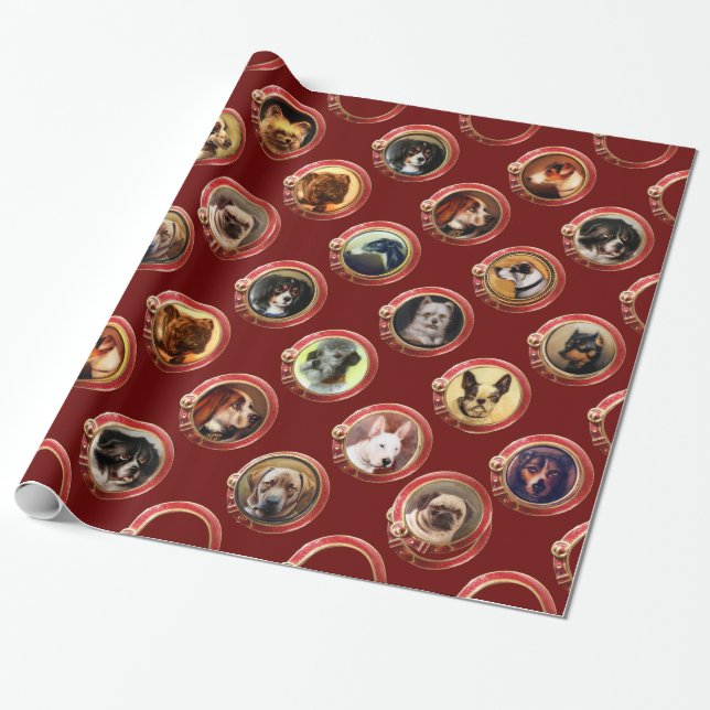 VIKTORIANISCHE ENAMELE/MINIATURHUNDERPORTRAS, Rot Geschenkpapier (Ungerollt)