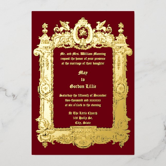 Viktorianische Era Griffin Rocaille Frame Wedding Folieneinladung (Vorderseite)