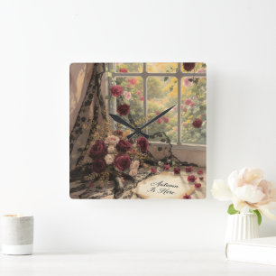 Viktorianische Fensterfront Vorhang Rose Art Quadratische Wanduhr