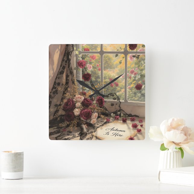 Viktorianische Fensterfront Vorhang Rose Art Quadratische Wanduhr (Zuhause)