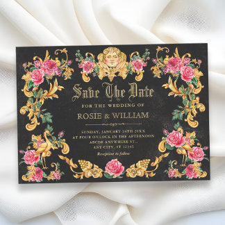 Viktorianische florale aufwendige Goldhochzeit Save The Date