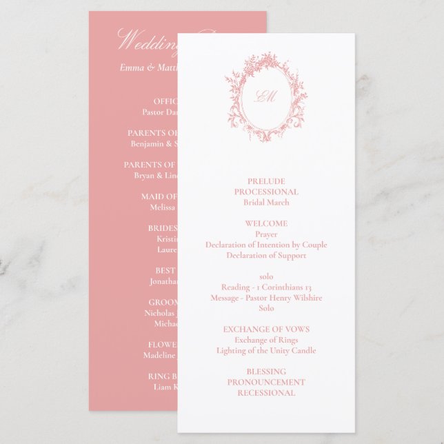 Viktorianische französische rosa Toile-Hochzeit Programm (Vorne/Hinten)