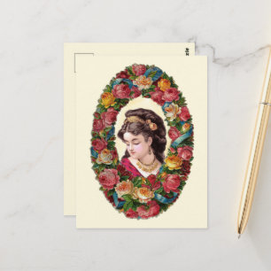 Viktorianische Frau in einem mehrfarbigen Rosenkra Postkarte