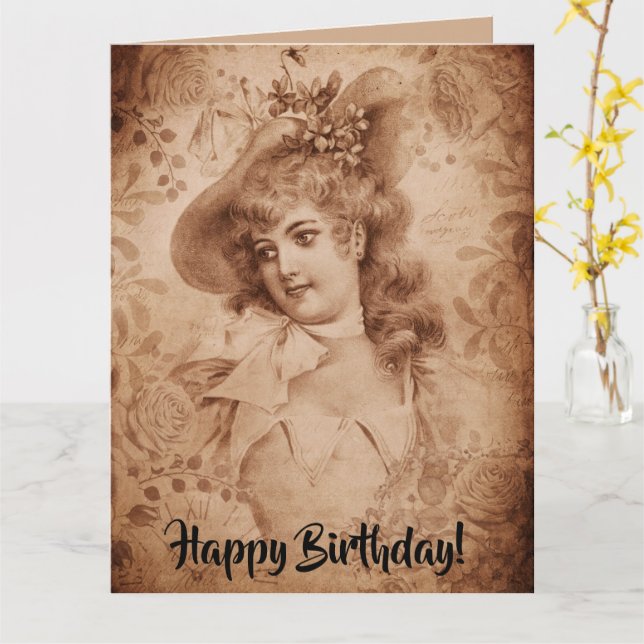 Viktorianische Frau in Hat-Blume Sepia Monochrome Karte (Gelbe Blume)