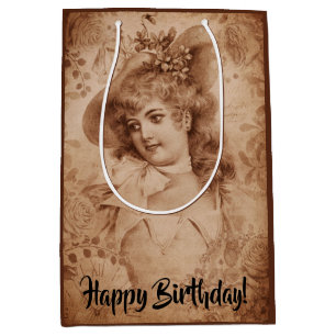 Viktorianische Frau in Hat-Blume Sepia Monochrome Mittlere Geschenktüte