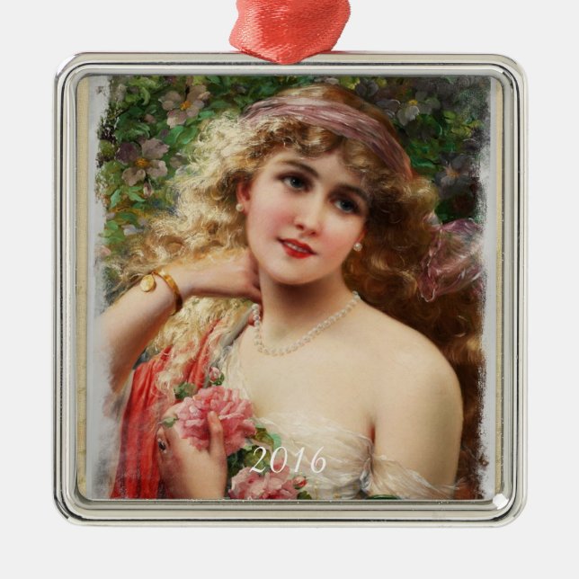 Viktorianische Frau mit rosa Rosen Ornament Aus Metall (Vorne)