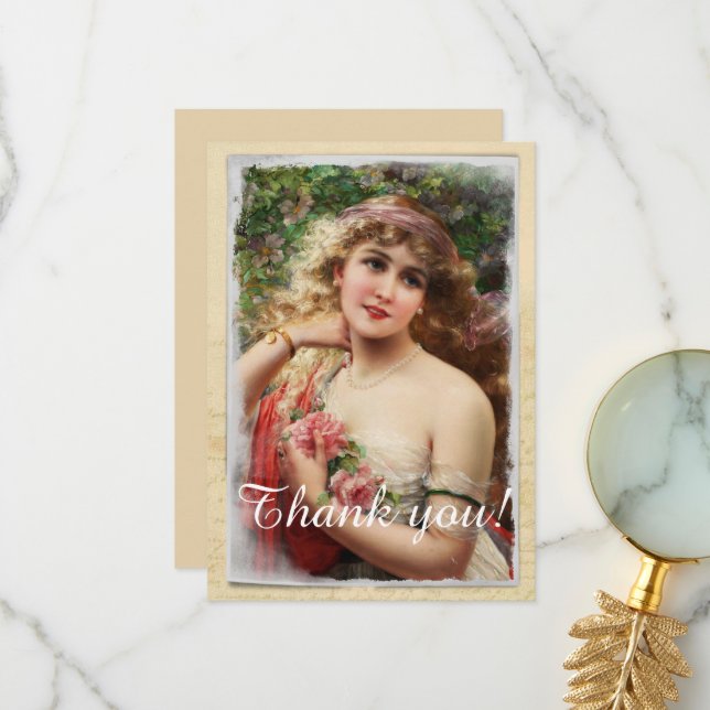 Viktorianische Frau mit rosa Rosen Romantik Dankeskarte (Vorderseite/Rückseite Beispiel)