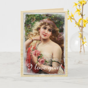 Viktorianische Frau mit rosa Rosen Romantik Karte