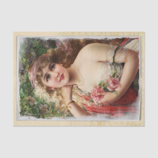 Viktorianische Frau mit rosa Rosen Romantik Seidenpapier (Vorderseite)