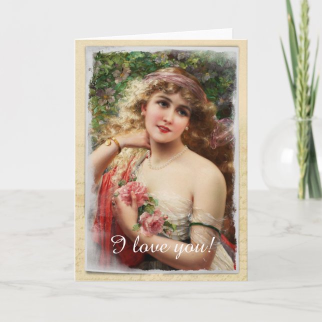 Viktorianische Frau mit rosa Rosenkarte Karte (Vorderseite)