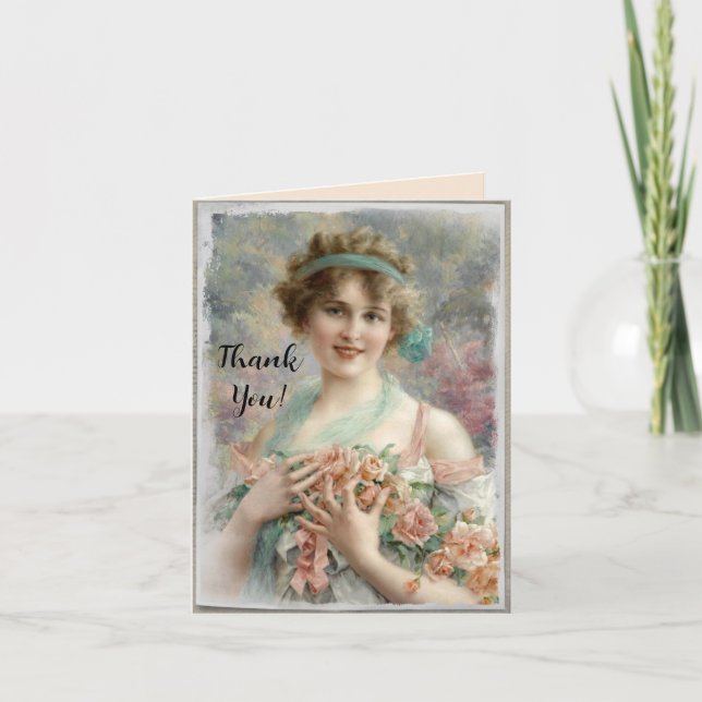 Viktorianische Frau mit Rose im Hintergrund Dankeskarte (Vorderseite)