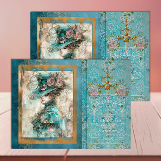 Viktorianische Frau Türkisblau – Decoupage-Seidenp Seidenpapier