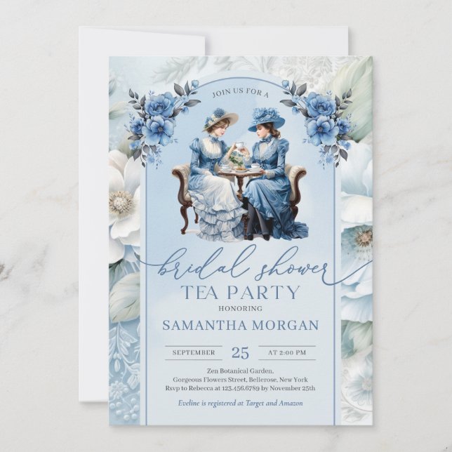 Viktorianische Frauen Marine und Salbei Tee Party  Einladung (Vorderseite)