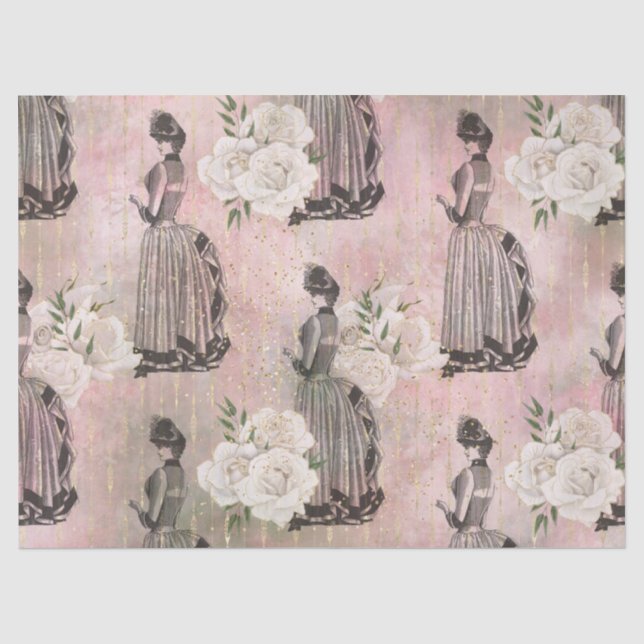 Viktorianische Frauen und Rose auf rosa Decoupage Seidenpapier (Vorderseite)
