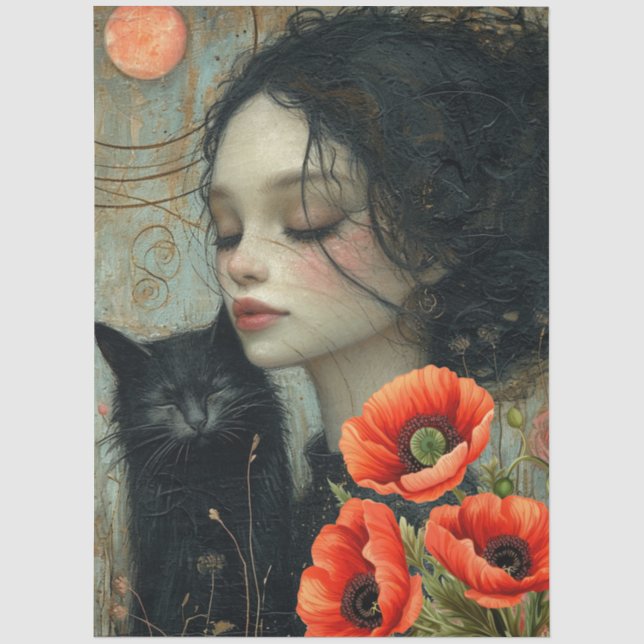 Viktorianische Girl Cat Moon Rote Papi Abstrakte K Seidenpapier (Vorderseite)