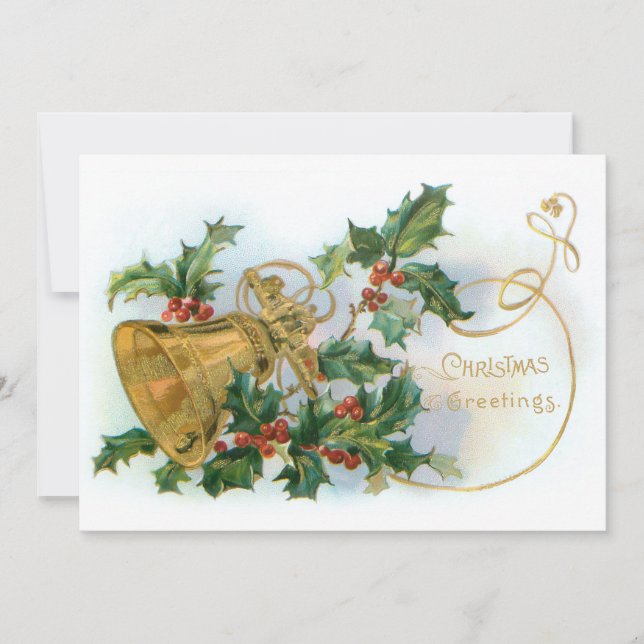 Viktorianische Goldweihnachtsglocke und Holly Feiertagskarte (Vorderseite)