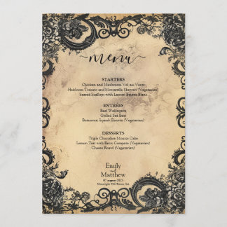 Viktorianische Gothic-Eleganz-Hochzeit Menükarte