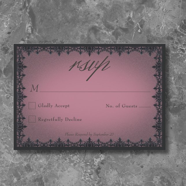 Viktorianische gotische Eisenkratzer-Hochzeit RSVP Karte (Victorian Gothic Iron Border Burgundy Wedding RSVP Card)