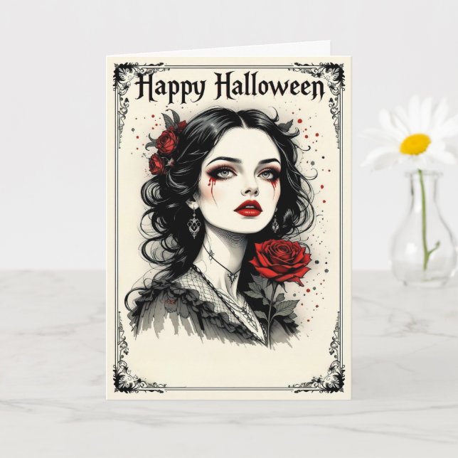 Viktorianische gotische Halloween-Dame mit Rote Ro Karte (Kleine Pflanze)