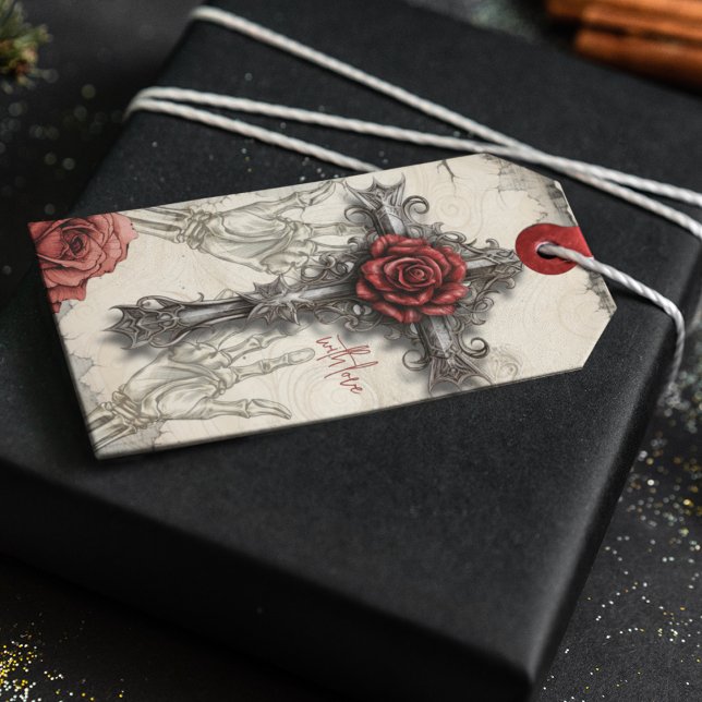 Viktorianische gotische Rose und Kreuz Geschenkanhänger (Gothic Victoiran vintage rose and cross with skeleton hands on customizable gift tag. )