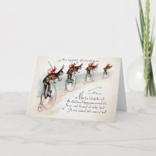 Viktorianische Hasen auf Fahrrädern Weihnachtskart Feiertagskarte