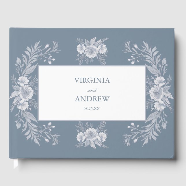 Viktorianische Hochzeit in Blau mit weißen Blume Gästebuch (Vorderseite)