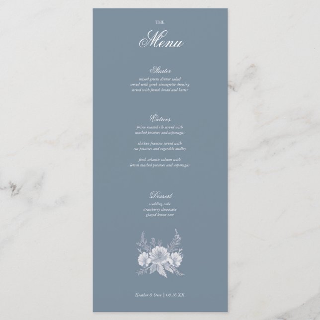 Viktorianische Hochzeit in Blau mit weißen Blume Menükarte (Vorderseite)