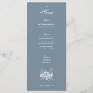 Viktorianische Hochzeit in Blau mit weißen Blume Menükarte