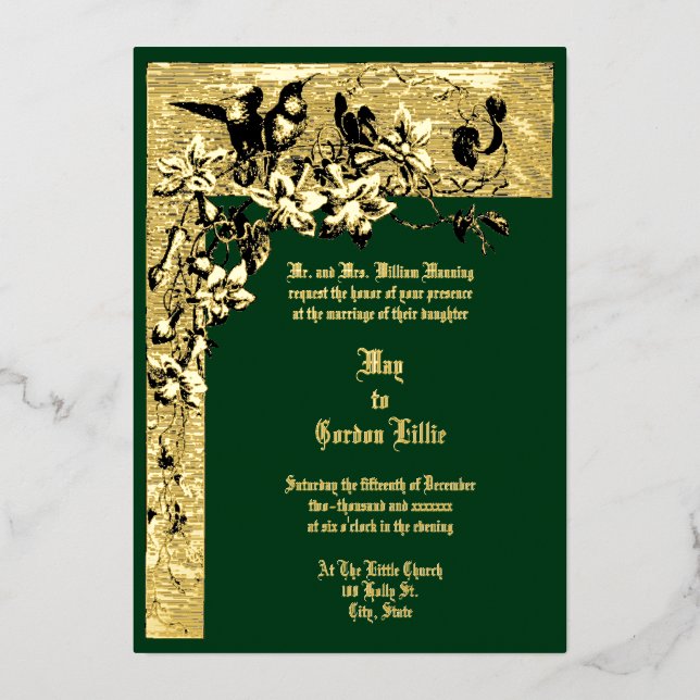 Viktorianische Hochzeit von Hummingbird Pair Folieneinladung (Vorderseite)