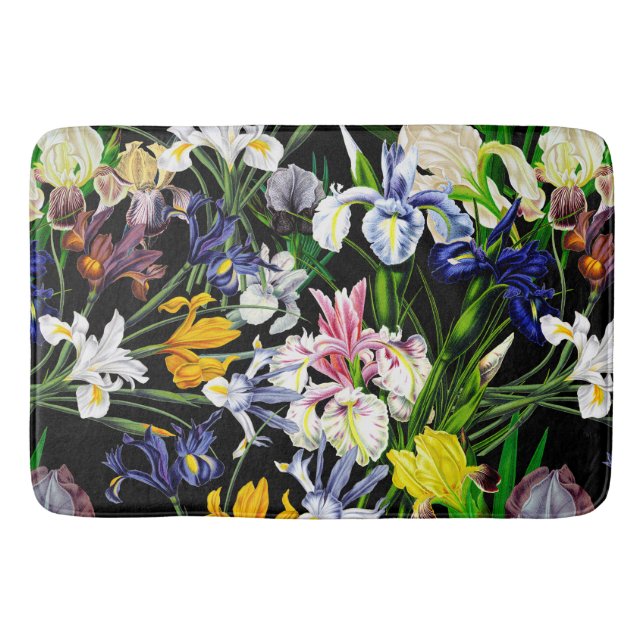 Viktorianische Iris-Blume auf schwarzem Muster Badematte (Vorderseite)