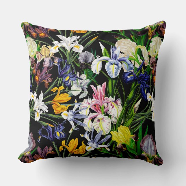 Viktorianische Iris-Blume auf schwarzem Muster Kissen (Vorderseite)