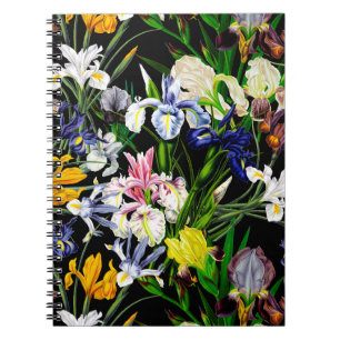 Viktorianische Iris-Blume auf schwarzem Muster Notizblock