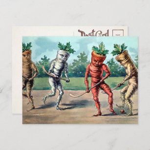 Viktorianische Karotten spielen Hockey Postkarte 