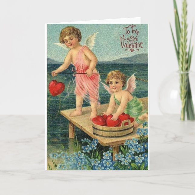 Viktorianische Karte Amor-Herz-Fischenvalentines (Vorderseite)
