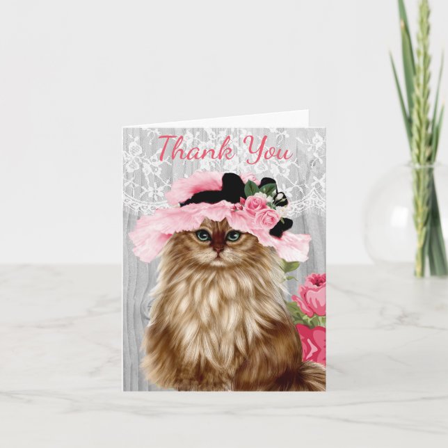 Viktorianische Katze in Hut mit Spitze Dankeskarte (Vorderseite)