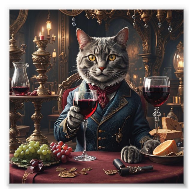 Viktorianische Katze mit Rotwein-Glas Fotodruck (Vorne)