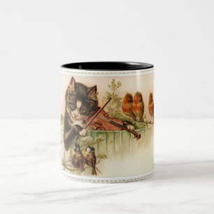 Viktorianische Katze spielt Geige für Singvögel Zweifarbige Tasse